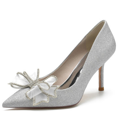 Chaussures de Soirée à Talon Aiguille et Bout Fermé En Paillettes Extensibles pour Femmes avec Nœud