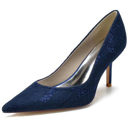 Chaussures de Soirée à Talon Aiguille et Bout Fermé En Satin de Soie pour Femmes avec Dentelle