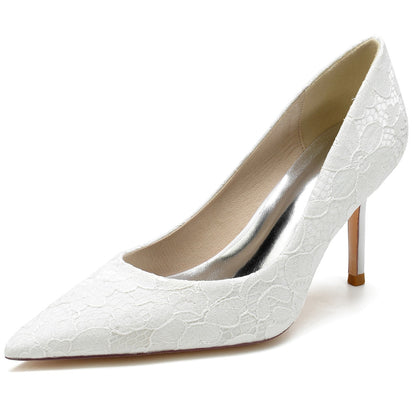 Chaussures de Soirée à Talon Aiguille et Bout Fermé En Satin de Soie pour Femmes avec Dentelle