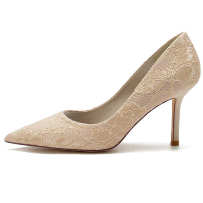 Chaussures de Soirée à Talon Aiguille et Bout Fermé En Satin de Soie pour Femmes avec Dentelle