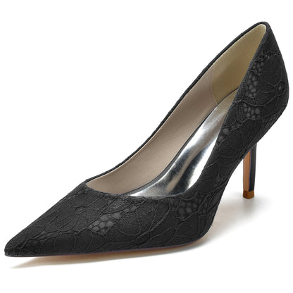 Chaussures de Soirée à Talon Aiguille et Bout Fermé En Satin de Soie pour Femmes avec Dentelle
