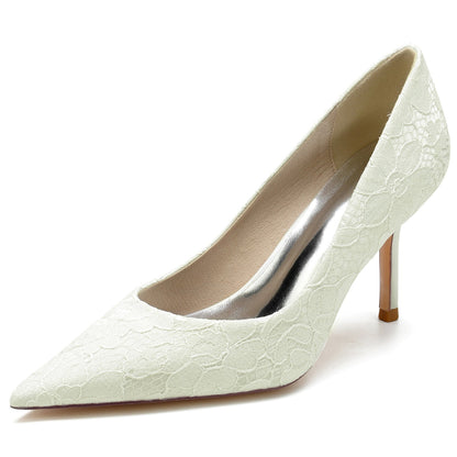 Chaussures de Soirée à Talon Aiguille et Bout Fermé En Satin de Soie pour Femmes avec Dentelle
