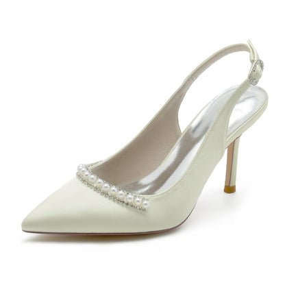 Chaussures de Soirée à Bout Fermé En Satin de Soie pour Femmes avec Talon Aiguille et Perles