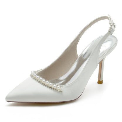 Chaussures de Soirée à Bout Fermé En Satin de Soie pour Femmes avec Talon Aiguille et Perles