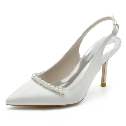 Chaussures de Soirée à Bout Fermé En Satin de Soie pour Femmes avec Talon Aiguille et Perles
