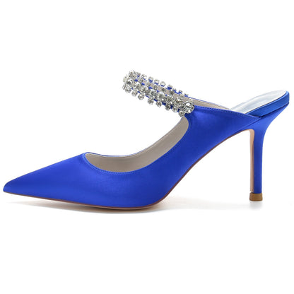 Chaussures de Mariage à Talon Aiguille et Bout Fermé En Satin de Soie pour Femmes avec Bride à la Cheville et Dentelle Strass