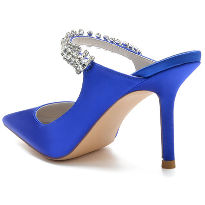 Chaussures de Mariage à Talon Aiguille et Bout Fermé En Satin de Soie pour Femmes avec Bride à la Cheville et Dentelle Strass