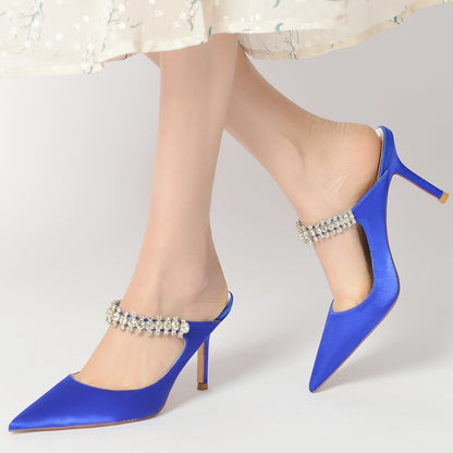 Chaussures de Mariage à Talon Aiguille et Bout Fermé En Satin de Soie pour Femmes avec Bride à la Cheville et Dentelle Strass