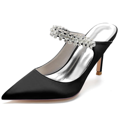 Chaussures de Mariage à Talon Aiguille et Bout Fermé En Satin de Soie pour Femmes avec Bride à la Cheville et Dentelle Strass