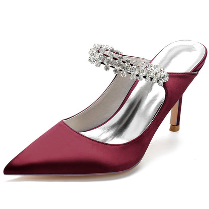 Chaussures de Mariage à Talon Aiguille et Bout Fermé En Satin de Soie pour Femmes avec Bride à la Cheville et Dentelle Strass