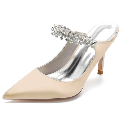 Chaussures de Mariage à Talon Aiguille et Bout Fermé En Satin de Soie pour Femmes avec Bride à la Cheville et Dentelle Strass