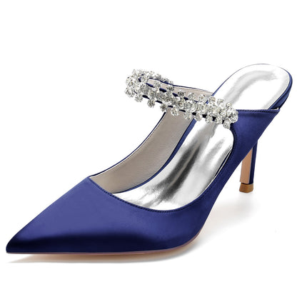 Chaussures de Mariage à Talon Aiguille et Bout Fermé En Satin de Soie pour Femmes avec Bride à la Cheville et Dentelle Strass