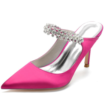 Chaussures de Mariage à Talon Aiguille et Bout Fermé En Satin de Soie pour Femmes avec Bride à la Cheville et Dentelle Strass
