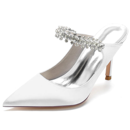 Chaussures de Mariage à Talon Aiguille et Bout Fermé En Satin de Soie pour Femmes avec Bride à la Cheville et Dentelle Strass