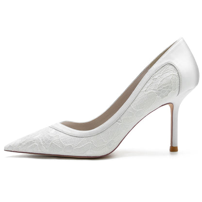 Chaussures de Soirée à Talon Aiguille En Satin de Soie et Dentelle pour Femmes