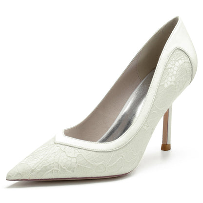 Chaussures de Soirée à Talon Aiguille En Satin de Soie et Dentelle pour Femmes