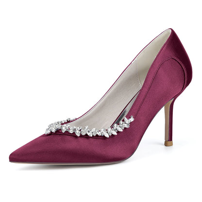 Chaussures de Soirée à Talon Aiguille et Bout Fermé en Satin de Soie et Strass Pour Femmes