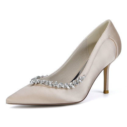 Chaussures de Soirée à Talon Aiguille et Bout Fermé en Satin de Soie et Strass Pour Femmes