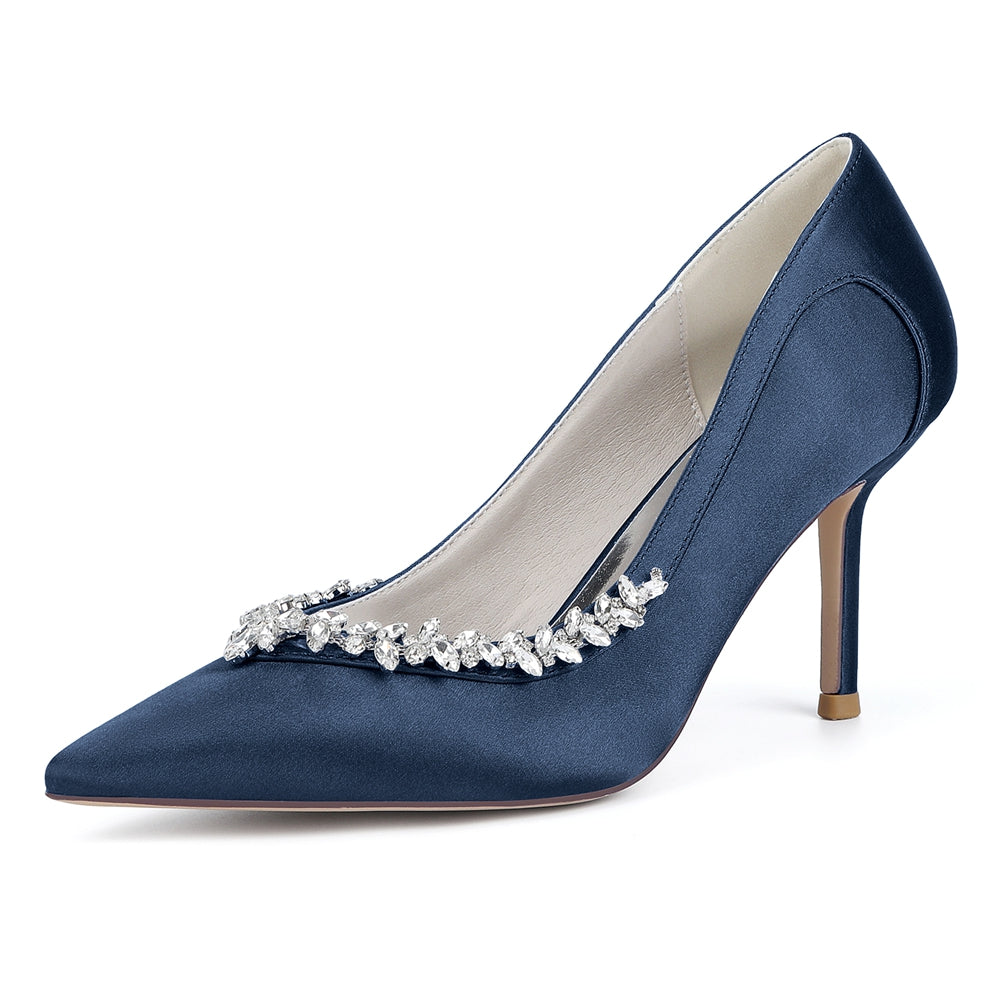 Chaussures de Soirée à Talon Aiguille et Bout Fermé en Satin de Soie et Strass Pour Femmes