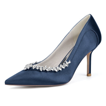 Chaussures de Soirée à Talon Aiguille et Bout Fermé en Satin de Soie et Strass Pour Femmes