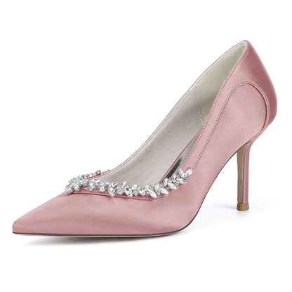 Chaussures de Soirée à Talon Aiguille et Bout Fermé en Satin de Soie et Strass Pour Femmes
