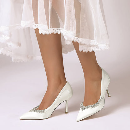Chaussures de Soirée à Talon Aiguille et Bout Fermé en Satin de Soie et Strass Pour Femmes