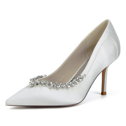 Chaussures de Soirée à Talon Aiguille et Bout Fermé en Satin de Soie et Strass Pour Femmes
