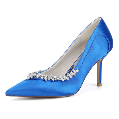 Chaussures de Soirée à Talon Aiguille et Bout Fermé en Satin de Soie et Strass Pour Femmes