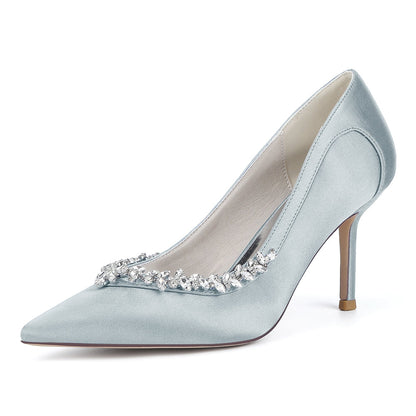 Chaussures de Soirée à Talon Aiguille et Bout Fermé en Satin de Soie et Strass Pour Femmes