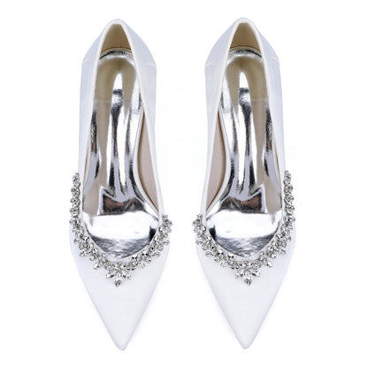 Chaussures de Soirée à Talon Aiguille et Bout Fermé en Satin de Soie et Strass Pour Femmes