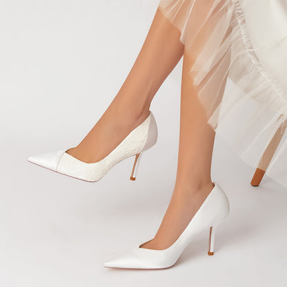 Chaussures de Soirée à Bout Fermé En Satin de Soie et Dentelle pour Femmes avec Talon Aiguille