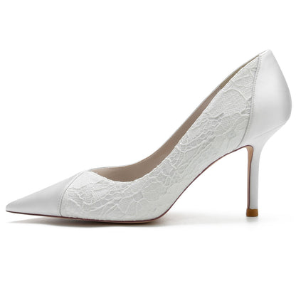 Chaussures de Soirée à Bout Fermé En Satin de Soie et Dentelle pour Femmes avec Talon Aiguille