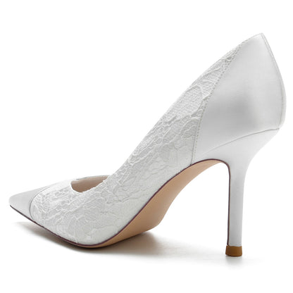 Chaussures de Soirée à Bout Fermé En Satin de Soie et Dentelle pour Femmes avec Talon Aiguille