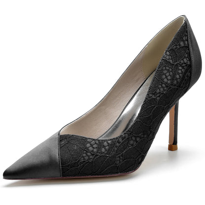 Chaussures de Soirée à Bout Fermé En Satin de Soie et Dentelle pour Femmes avec Talon Aiguille