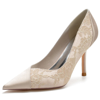 Chaussures de Soirée à Bout Fermé En Satin de Soie et Dentelle pour Femmes avec Talon Aiguille