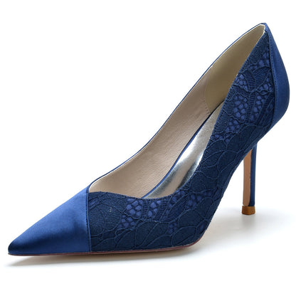 Chaussures de Soirée à Bout Fermé En Satin de Soie et Dentelle pour Femmes avec Talon Aiguille