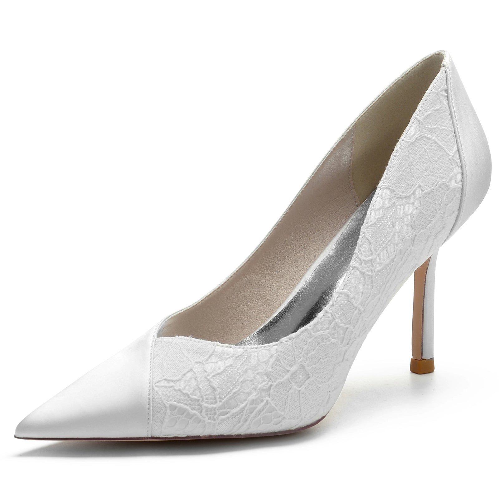 Chaussures de Soirée à Bout Fermé En Satin de Soie et Dentelle pour Femmes avec Talon Aiguille