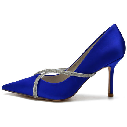 Chaussures de Soirée à Talon Aiguille et Bout Fermé En Satin de Soie et Strass pour Femmes