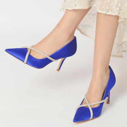 Chaussures de Soirée à Talon Aiguille et Bout Fermé En Satin de Soie et Strass pour Femmes