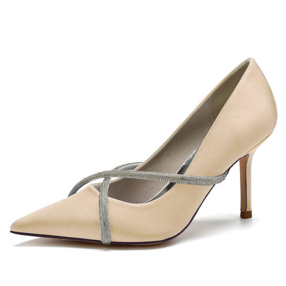 Chaussures de Soirée à Talon Aiguille et Bout Fermé En Satin de Soie et Strass pour Femmes