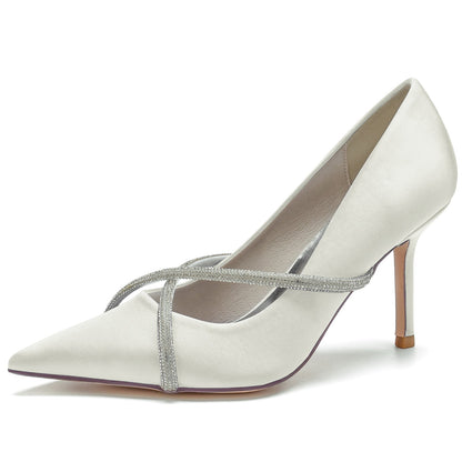 Chaussures de Soirée à Talon Aiguille et Bout Fermé En Satin de Soie et Strass pour Femmes