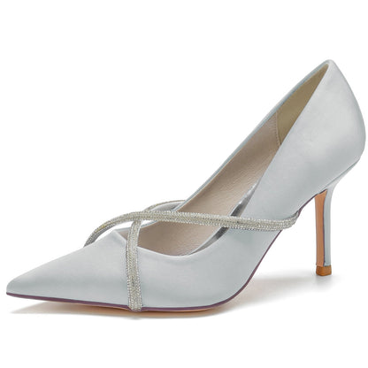 Chaussures de Soirée à Talon Aiguille et Bout Fermé En Satin de Soie et Strass pour Femmes