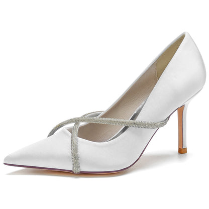 Chaussures de Soirée à Talon Aiguille et Bout Fermé En Satin de Soie et Strass pour Femmes