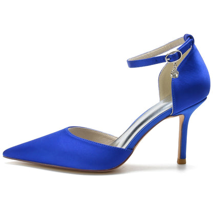 Chaussures de Soirée à Talon Aiguille et Bout Fermé En Satin de Soie pour Femmes avec Bride à la Cheville