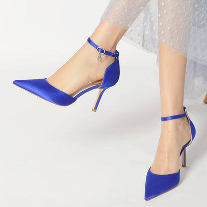 Chaussures de Soirée à Talon Aiguille et Bout Fermé En Satin de Soie pour Femmes avec Bride à la Cheville
