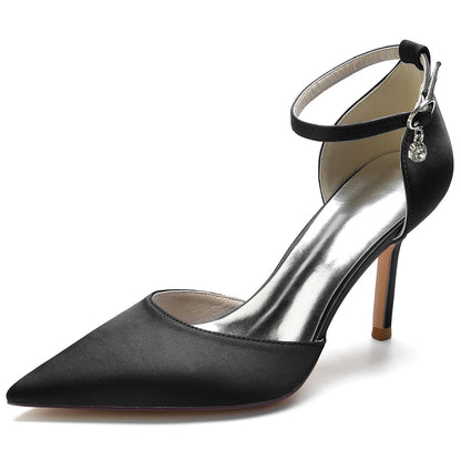 Chaussures de Soirée à Talon Aiguille et Bout Fermé En Satin de Soie pour Femmes avec Bride à la Cheville