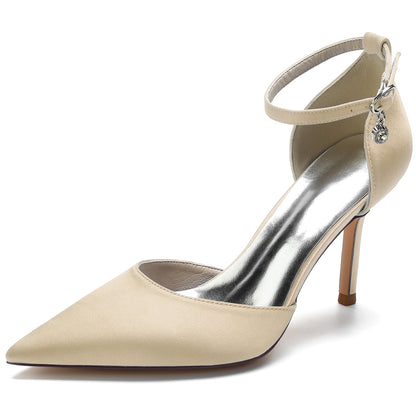Chaussures de Soirée à Talon Aiguille et Bout Fermé En Satin de Soie pour Femmes avec Bride à la Cheville
