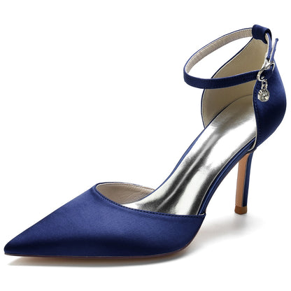Chaussures de Soirée à Talon Aiguille et Bout Fermé En Satin de Soie pour Femmes avec Bride à la Cheville