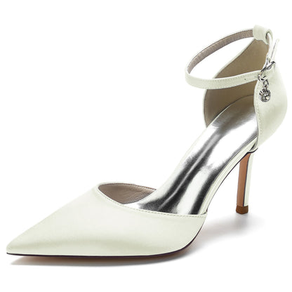 Chaussures de Soirée à Talon Aiguille et Bout Fermé En Satin de Soie pour Femmes avec Bride à la Cheville