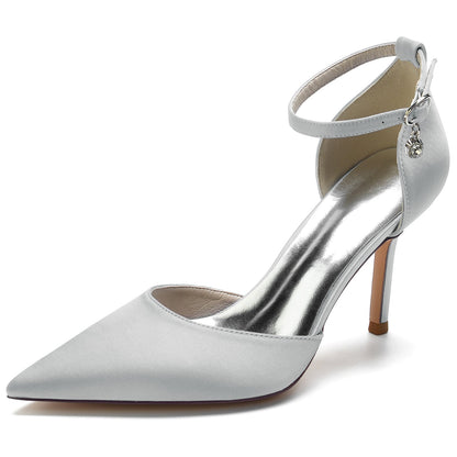 Chaussures de Soirée à Talon Aiguille et Bout Fermé En Satin de Soie pour Femmes avec Bride à la Cheville